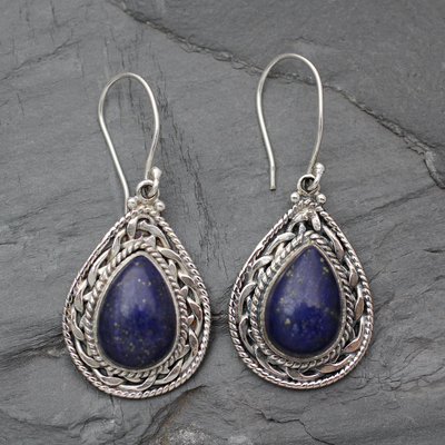 Lapis lazuli dangle earrings, 'Palace Memories' - Handmade Sterling Silver and Lapis Lazuli Earrings