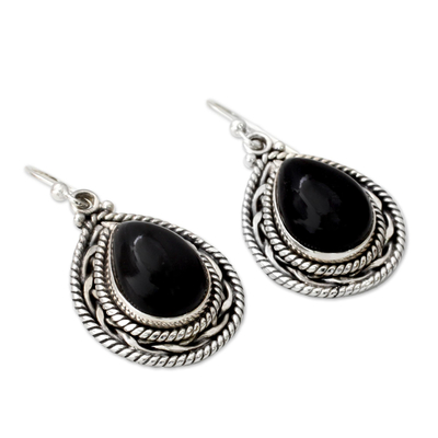 Onyx dangle earrings, 'Palace Memories' - Handmade Sterling Silver and Onyx Indian Earrings
