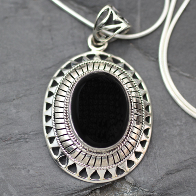 Onyx pendant necklace, 'Tribal Medallion' - Handmade Sterling Silver and Onyx Necklace from India