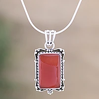 Sterling silver pendant necklace, 'Jaipuri Red' - Hand Crafted Sterling Silver and Onyx Necklace