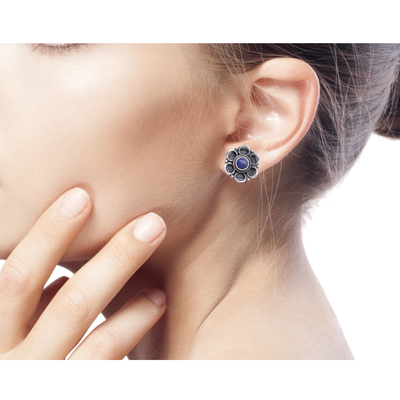 Lapis lazuli flower earrings, 'Indian Gentian' - Indian Floral Sterling Silver Button Lapis Lazuli Earrings