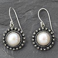 Pearl dangle earrings, 'Purity' - Sterling Silver and Pearl Bollywood Style Dangle Earrings