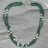 Aventurine and pearl strand necklace, 'Indian Meadows' - Gemstone Bead and Sterling Silver Necklace from India