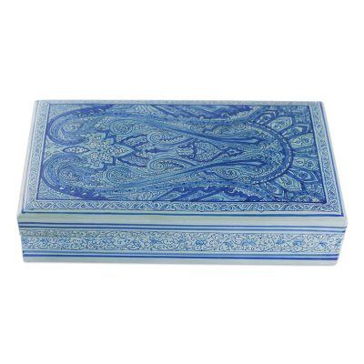 Papier mache box, 'Sapphire Paisley' - Papier mache box