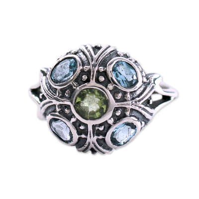 Blue topaz and peridot cocktail ring, 'Enthralling Jaipur' - Blue Topaz and Peridot Indian Sterling Silver Ring