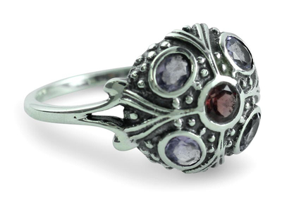 Amethyst and garnet cocktail ring, 'Enthralling Jaipur' - Amethyst and Garnet Cocktail Ring