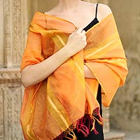 Cotton and silk shawl, 'Madhya Pradesh Sunset' - Artisan Crafted Shawl Cotton Silk Wrap