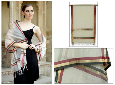 Cotton and silk shawl, 'Regal Madhya' - Cotton and silk shawl