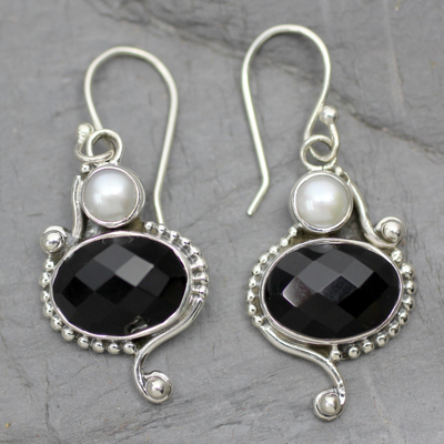 Cultured pearls and onyx dangle earrings, 'Magical Moons' - Akoya Pearls and Onyx Handcrafted Sterling Silver Earrings