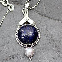 Cultured pearl and lapis lazuli pendant necklace, 'Haryana Harmony'