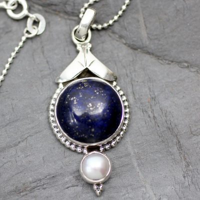 Cultured pearl and lapis lazuli pendant necklace, 'Haryana Harmony' - Lapis Lazuli and Pearl Pendant Necklace