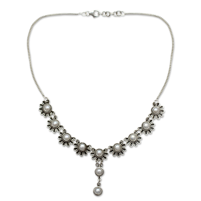 Cultured pearl flower necklace, 'Pristine Blossom' - Pearl and Sterling Silver Y Necklace Floral Jewelry