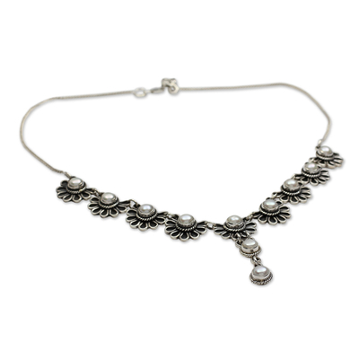Halskette mit Zuchtperlen und Blumen - Y-Halskette mit Perlen und Sterlingsilber, floraler Schmuck