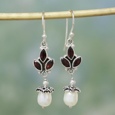 Pearl and garnet chandelier earrings, 'India Passionflower' - Pearl and Garnet Dangle Earrings