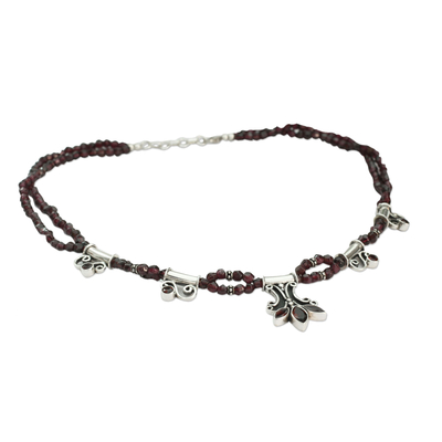 Garnet flower necklace, 'Kerala Carnation' - Handcrafted Sterling Silver and Garnet Indian Necklace