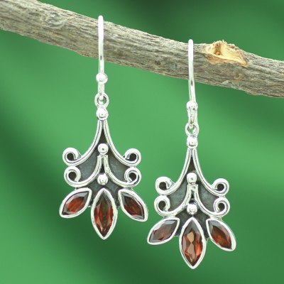 Garnet flower earrings, 'Kerala Carnation' - Fair Trade Floral Sterling Silver and Garnet Earrings