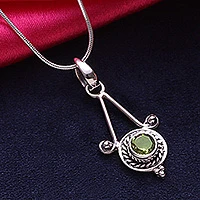 Peridot pendant necklace, 'Chennai Promise' - Sterling Silver and Peridot Necklace Modern Indian Jewellery 