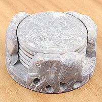 Marble coasters, 'Elephant Rose' (set for 6) - Unique Elephant and Flower Marble Coaster Set