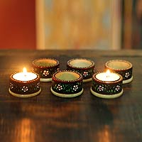 Soapstone candleholders, 'Midnight Romance' (set of 6) - Handmade Floral Soapstone Candle Holders (Set of 6)