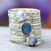 Rainbow moonstone and labradorite stacking rings, 'Love's Imagination' (set of 5) - Rainbow Moonstone and Labradorite Stacking Rings (Set of 5)