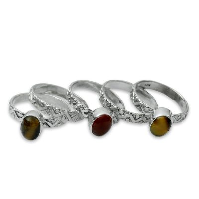 Tiger's eye and carnelian stacking rings, 'Goddess of Fire' (set of 5) - Sterling Silver Carnelian and Tigers Eye Stacking Rings