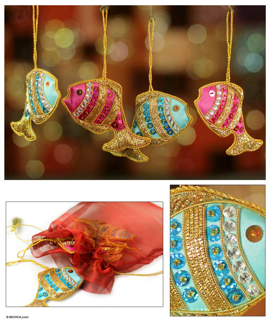 Beaded Fish Holiday Ornaments (Set of 4) Holiday Fish NOVICA