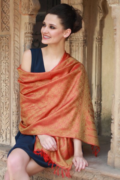 Banarasi silk shawl, 'Saffron Sunset' - Varanasi Silk Shawl Handmade Orange Wrap
