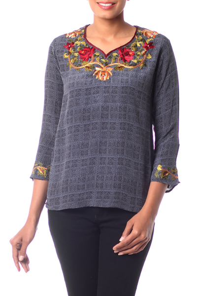 Silk tunic, 'Scarlet Lotus' - Silk Tunic Grey and Embroidered Apparel India