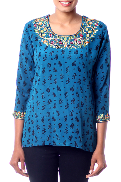 Silk tunic, 'Midnight Bouquet' - Women's Floral Silk Patterned Tunic Top