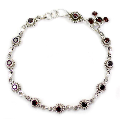 Garnet anklet, 'Scarlet Sun Blossoms' - Indian Ankle Jewelry with Garnet and Sterling Silver