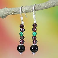 Garnet and onyx dangle earrings, 'Colors of India'