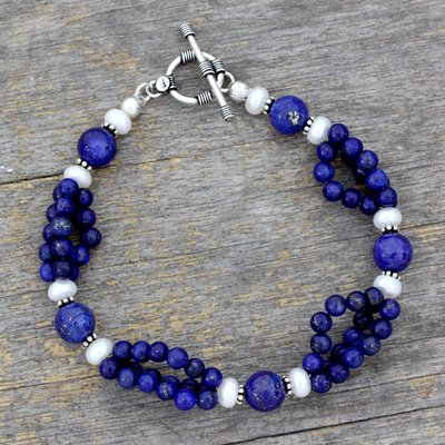 Lapis lazuli and pearl beaded bracelet, 'Gulmohar Lady' - Lapis lazuli and pearl beaded bracelet