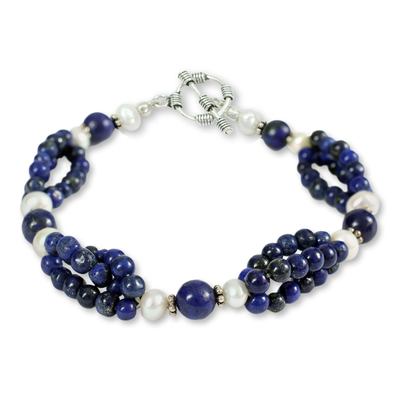 Lapis lazuli and pearl beaded bracelet, 'Gulmohar Lady' - Lapis lazuli and pearl beaded bracelet