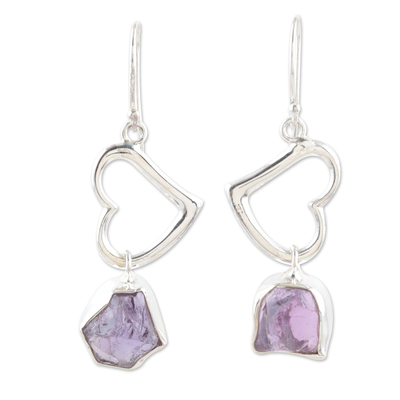 Amethyst heart earrings, 'Love Is Wise' - Amethyst and Silver Heart Earrings