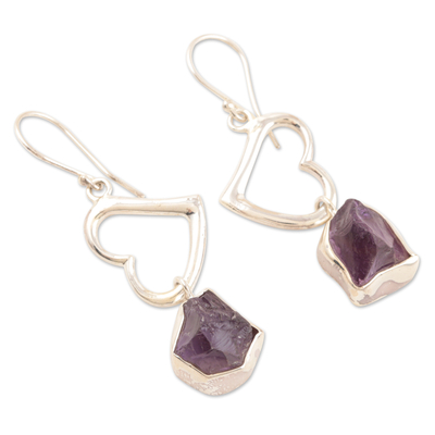 Amethyst heart earrings, 'Love Is Wise' - Amethyst and Silver Heart Earrings