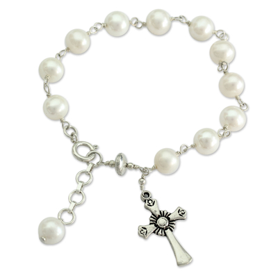 Cultured pearl charm bracelet, 'Divine Hope' - Cultured pearl charm bracelet