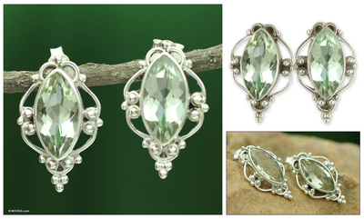 Prasiolite button earrings, 'Calm and Clarity' - Prasiolite button earrings