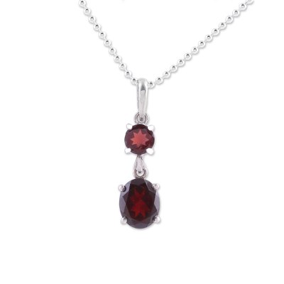 Garnet pendant necklace, 'Love Duet' - Sterling Silver and Garnet Necklace from Indian Jewelry