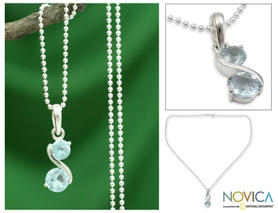 Blue topaz pendant necklace, 'Twin Souls' - Modern India jewellery Blue Topaz and Silver Necklace