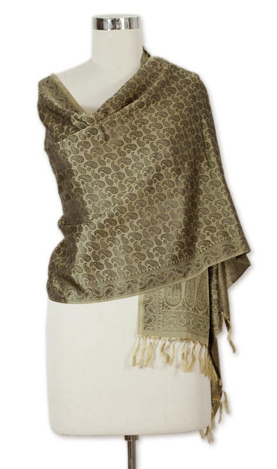 Banarasi silk shawl, 'Golden Olive Dusk' - Banarasi silk shawl
