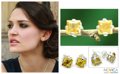 Citrine stud earrings, 'Golden Charm' - Sparkling Citrine Stud Earrings from India