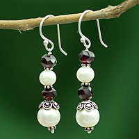 Cultured pearl and garnet dangle earrings, 'Love Pure' - Cultured pearl and garnet dangle earrings