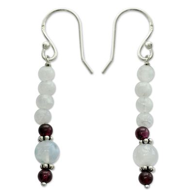 Moonstone and garnet dangle earrings, 'Rajasthan Dancer' - Moonstone and garnet dangle earrings