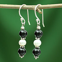 Onyx and pearl dangle earrings, 'Midnight Dreams'