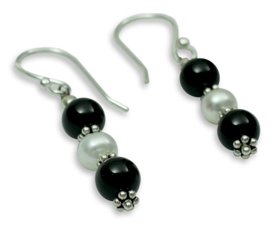 Onyx and pearl dangle earrings, 'Midnight Dreams' - Onyx and pearl dangle earrings