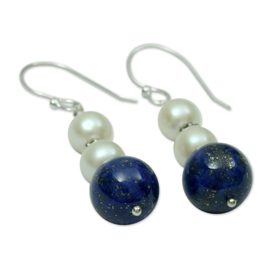 Lapis lazuli and pearl dangle earrings, 'Mystic Truth' - Lapis lazuli and pearl dangle earrings