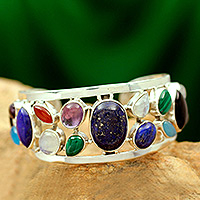 Lapis lazuli and pearl cuff bracelet, 'Colors of Life' - Sterling Silver Cuff Bracelet Multigemstone Jewelry