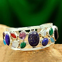 Pulsera de puño de lapislázuli y perlas, 'Colores de la vida' - Pulsera de puño de plata de ley Joyería multigemstone