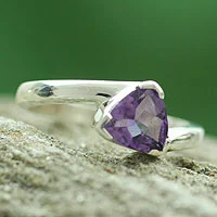 Amethyst solitaire ring, 'Scintillating Jaipur' - Hand Made Modern Sterling Silver Solitaire Amethyst Ring