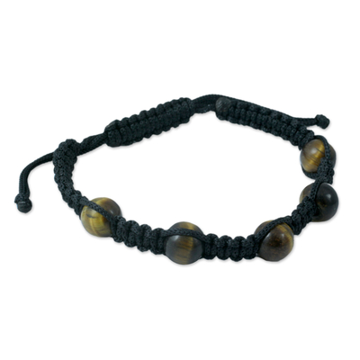 Tiger's eye Shambhala-style bracelet, 'Oneness' - Tiger Eye Shambhala Bracelet with Black Cord Handmade India